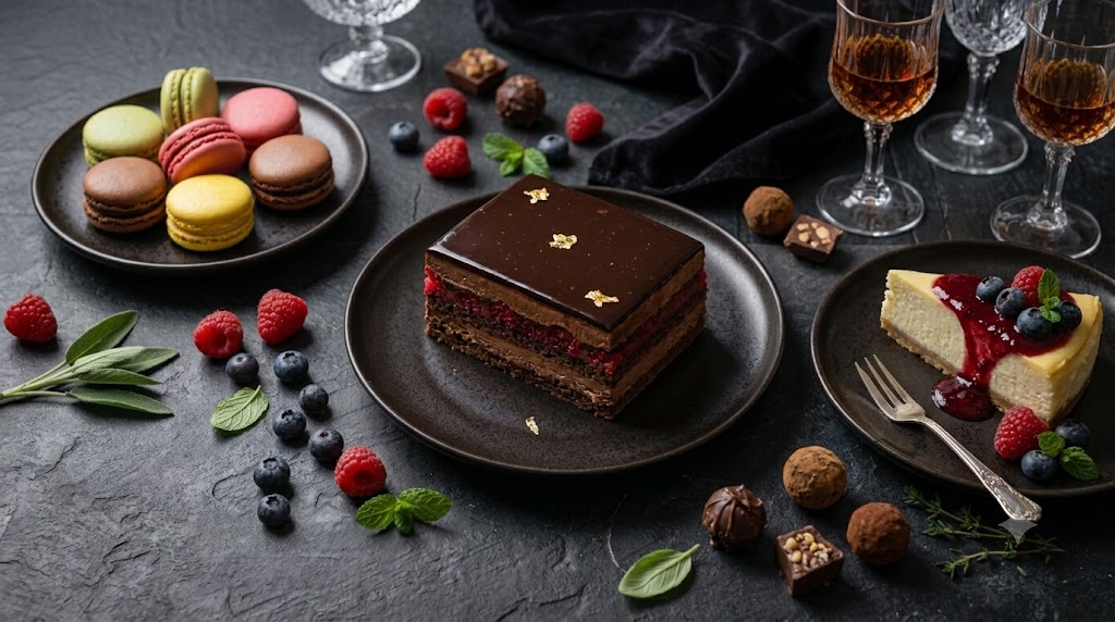Slatki sto sa makaronsima, čokoladnim kolačem i sitnim desertima